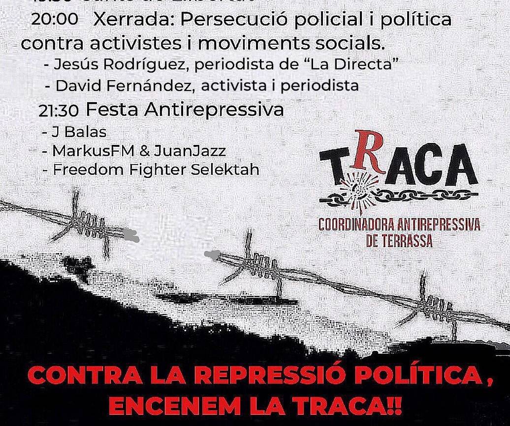 trsxlaindepe's tweet photo. 20h 2a Xerrada: "Persecució policial i política contra activistes i moviments socials a càrrec de:
-@albertmartnez periodista de @La_Directa
-@HiginiaRoig activista i periodista
21:30 festa antirepressiva amb @9Balas9 #MarkusFM i #FreedomFighter https://t.co/BbgsZwMwuw