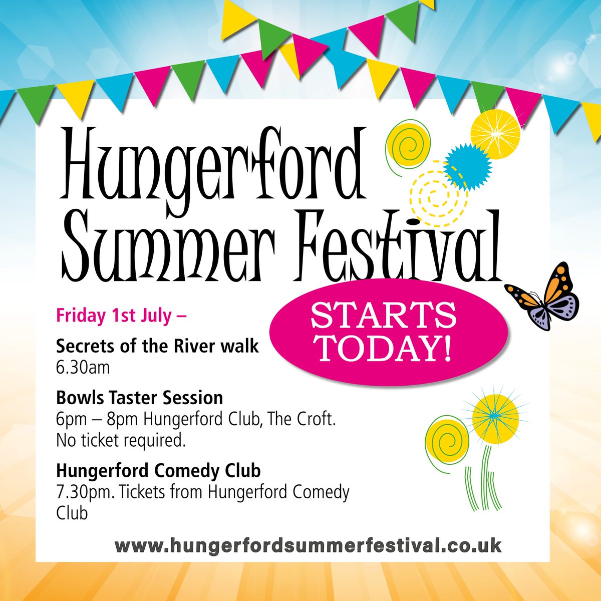 The Hungerford Summer Festival starts TODAY!
On the programme we have:
Secrets of the River walk 
6.30am
Bowls Taster Session 
6pm – 8pm Hungerford Club, The Croft. 
No ticket required.
Hungerford Comedy Club
Get your tickets from:
hungerfordsummerfestival.co.uk/events/