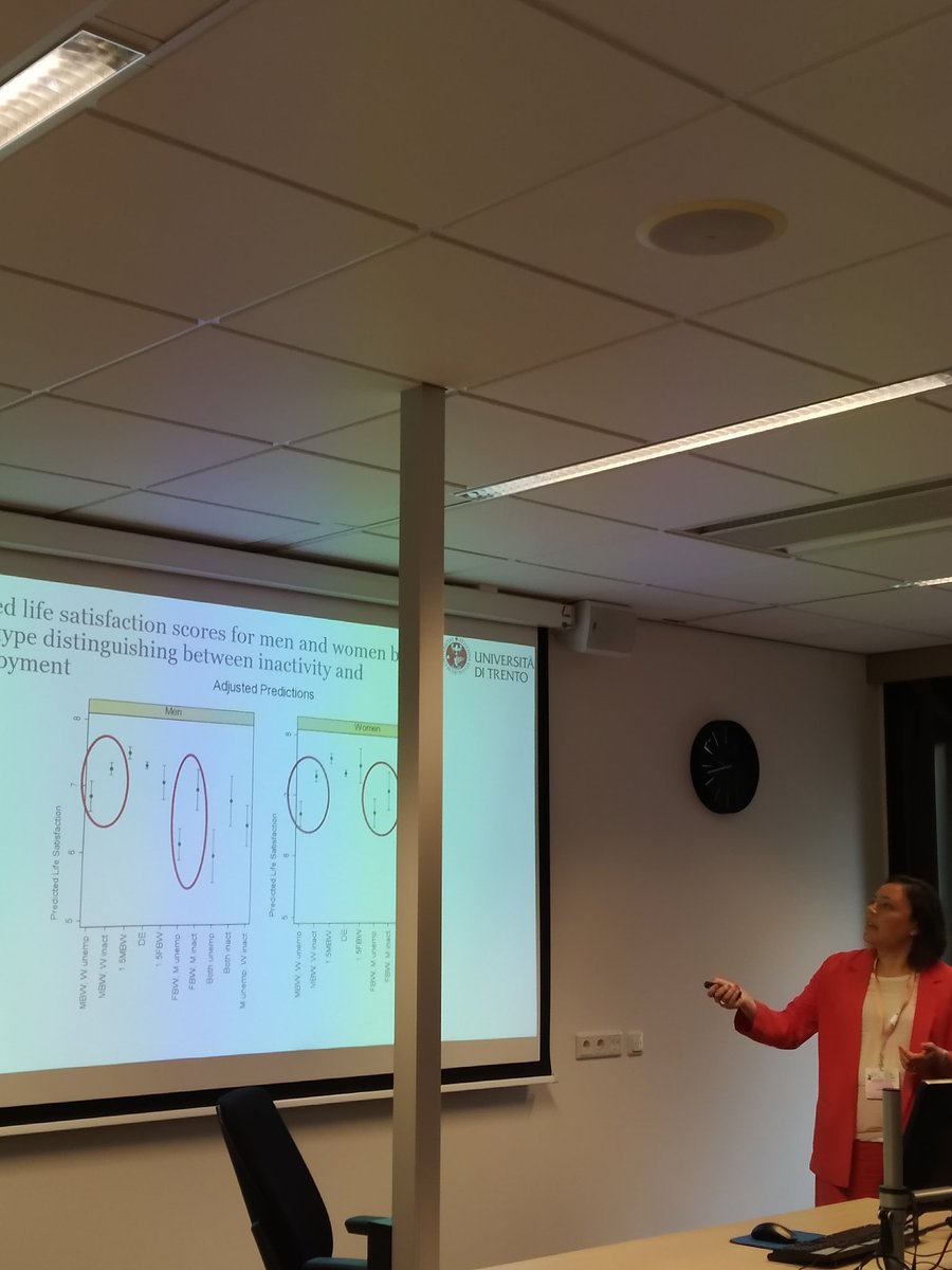 Men have lower satisfaction in female bradwinner couples, but only when they are unemployed, not when they are inactive. Fascinating paper by <a href="/agnevitali/">Agnese Vitali</a> #EPCGroningen
