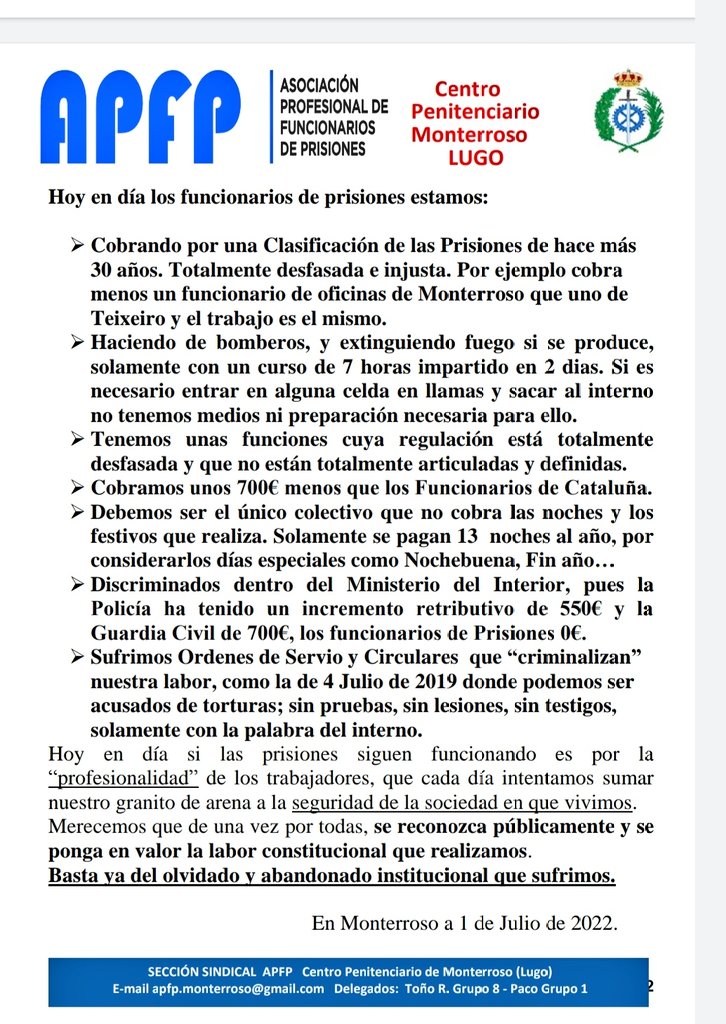 Tecnef's tweet photo. Caminata Reto por Prisiones.

Por la dignificación del trabajo en Prisiones.

CP Monterroso 4 de Julio 2022 (11:30h)
Llegada 5 de Julio 2022 (11:30h) S. Compostela.

86 km. 24 horas.

Gracias.

#sosprisiones @IIPPGob @interiorgob #mitrabajotuseguridad https://t.co/Rs32Ugaa1n