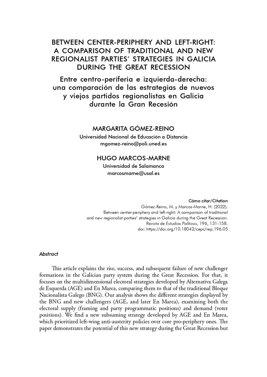 rep_cepc's tweet photo. 🟢En la #REP196 se publica el artículo "Between center-periphery and left-right: A comparison of traditional and new regionalist parties' strategies in Galicia during the Great Recession" de Margarita Gómez-Reino y Hugo Marcos-Marne

🔗Link: https://t.co/SKxI6oM7N7 https://t.co/fc22Xoz4fn