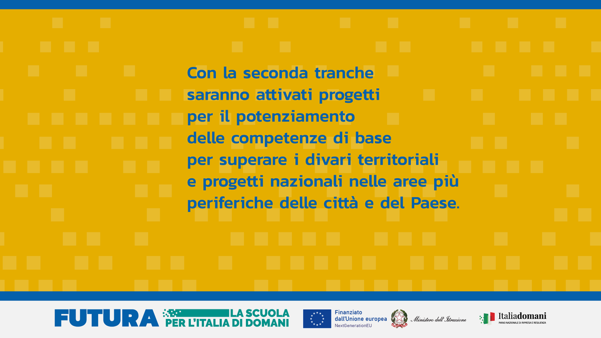 Un Piano da 1,5 miliardi contro la dispersione scolastica e per superare i divari territoriali. È quanto prevede il #PNRRIstruzione.

Per saperne di più ▶ miur.gov.it/web/guest/-/pn…

Qui il sito dedicato al #PNRR per l'Istruzione ▶ pnrr.istruzione.it