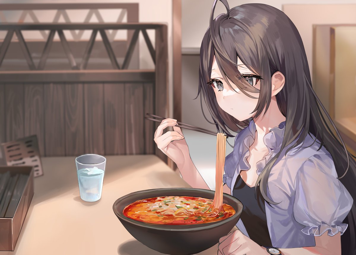 1girl solo noodles watch chopsticks food long hair  illustration images