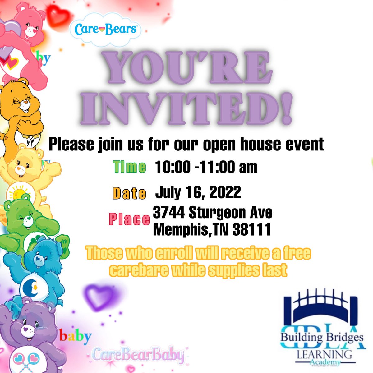Open House!
Come get enrolled 🥰 #memphisdaily#nextmemphis#education#qualitycenter#love#clean#babies#scholars# @nextmemphis <a href="/BBLAchild/">Building Bridges Learning Academy</a> <a href="/MayorMemphis/">Mayor of Memphis</a> @karazmaticAKA1908 <a href="/MEM_Beautiful/">Memphis City Beautiful</a> <a href="/TSDMemphis/">The Tri-State Defender</a> <a href="/PorterLeath/">Porter-Leath</a> 🧸✅💐💐
