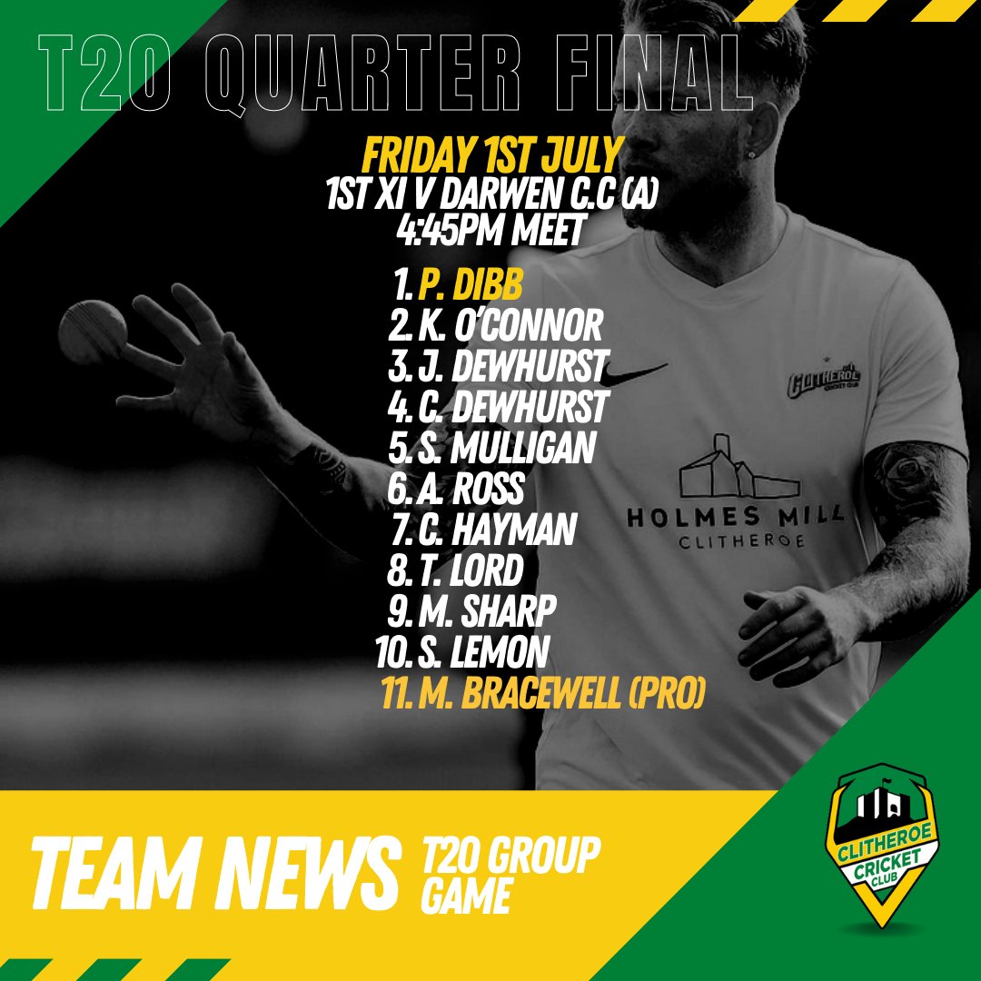 Clitheroe_CC's tweet photo. 💚SELECTION NEWS💛
TONIGHT brings #T20 quarter final action  v @DarwenCC 
 •
#Saturday brings a 1st XI #Lancsleague away fixture v Todmorden CC
 with our 2nd XI at home to Enfield.
🏏💥
#WeAreClitheroe #ClitheroeCC #Clitheroe https://t.co/FFdYdn5aYK
