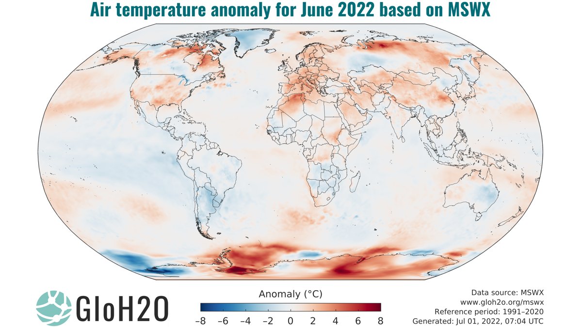 The global average air temperature for June 2022 was 0.30 °C above the 1991–2020 average