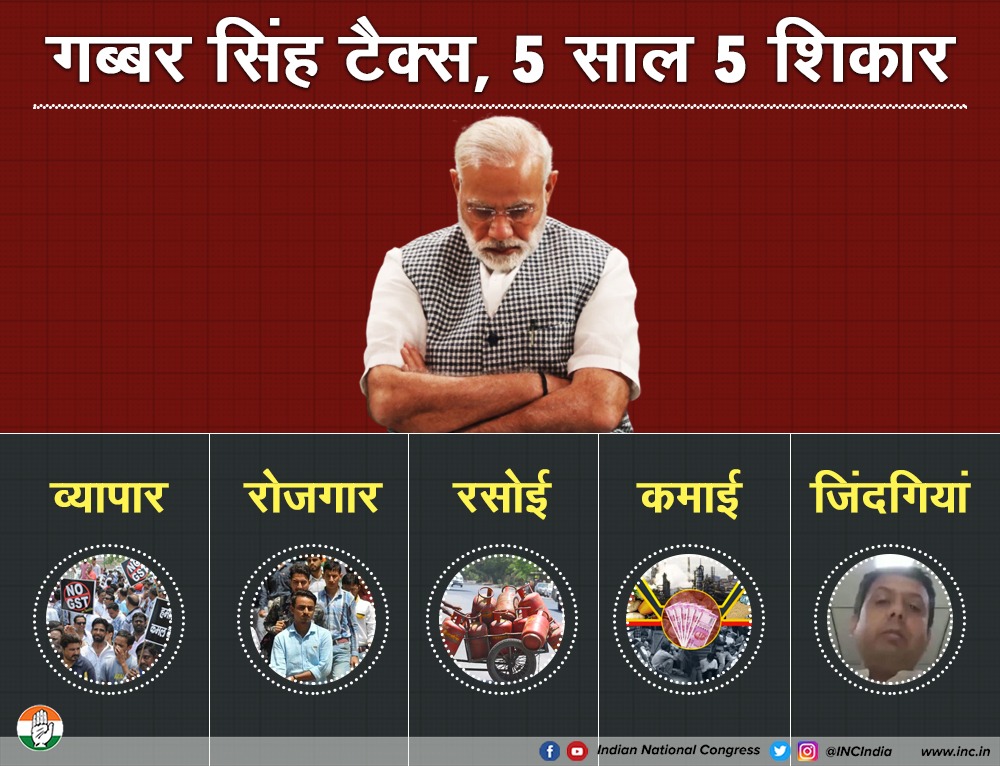 NSUI on X: "'गब्बर सिंह टैक्स' का वार। ना व्यापार, ना रोजगार, देश की जनता पर 'टैक्स वसूली' का अत्याचार। मोदी सरकार की 'वसूली' के पर्याय बन चुके ...
