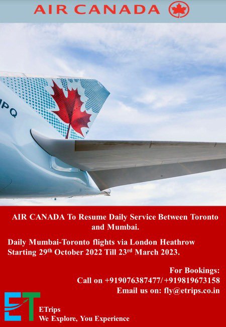 tushargm's tweet photo. Air Canada to resume daily services between Toronto and Mumbai.
Daily Mumbai-Toronto flights via London Heathrow starting 29th October 2022 Till 23rd March 2023.
@AirCanada #aircanada #visitcanada #toursandtravels #travelupdates #etrips #flyaircanada https://t.co/7Hsx80Boll