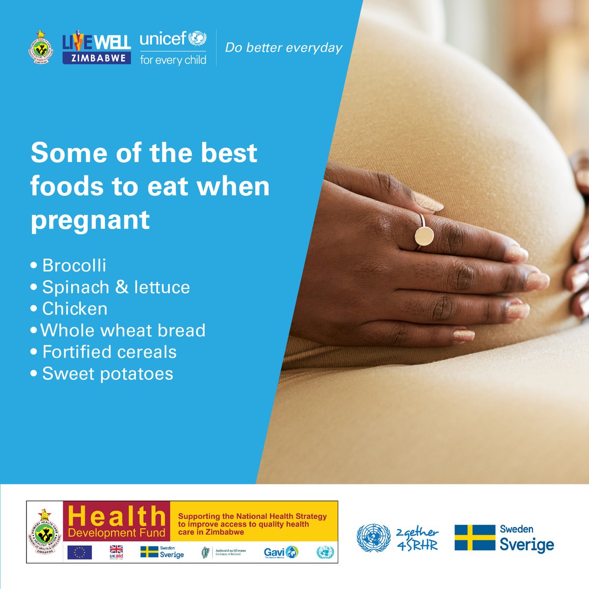 capitalkfm's tweet photo. A pregnant woman should eat a variety of vegetables, fruits, whole grains, fat-free products, & protein-rich foods. Choose foods & drinks with fewer added sugars, saturated fats, and sodium (salt).
@MoHCCZim @UNICEFZIMBABWE @Sida
#HDFZimbabwe #DoBetterEveryday
#LiveWellZimbabwe https://t.co/C1WEkUFmpv