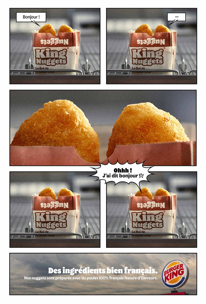 LLLLITL's tweet photo. "Des ingrédients bien français." 🍔🇫🇷 
Pour souligner l'origine française de ses ingrédients, Burger King les présentent comme étant des râleurs, au travers de ces prints façon romans photos. (Agence : Buzzman.) https://t.co/eLYQPqJk57