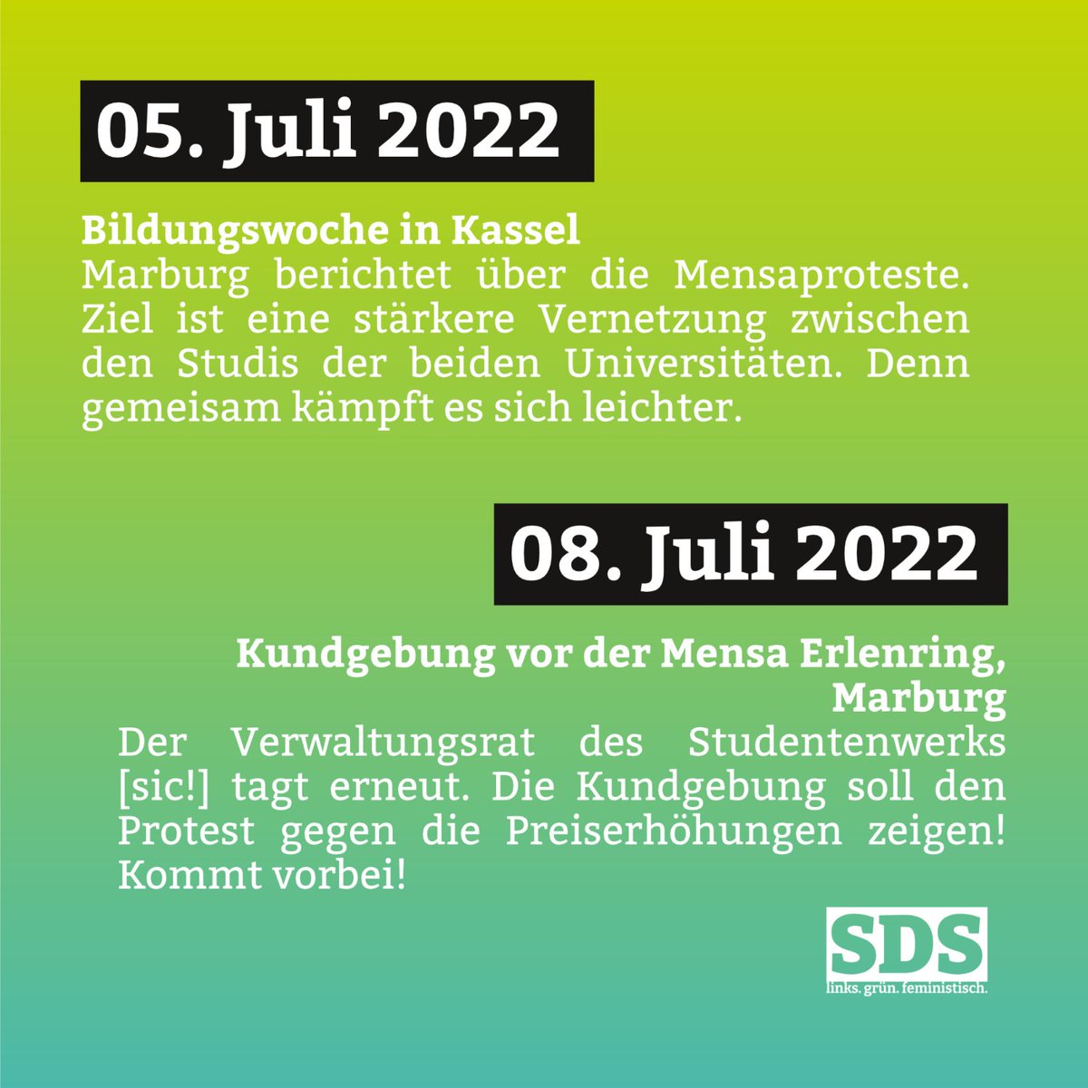 SdsMarburg's tweet photo. Die Wahlen sind um und wir starten motiviert in den Juli. Was die nächsten Wochen so ansteht findet ihr in den Share-Pics!
#SDS #Uni #Studieren #mensapreise #marburg #hessen @linkesds https://t.co/4RBpFgh3Xx