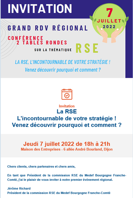 #evenement #RSE #stratégie #entreprises
1er événement régional du Medef Bourgogne Franche Comté.
Programme complet ➡️cutt.ly/gKN1WgV
Pour vous inscrire à cet événement : ➡️cutt.ly/HKN1w0P