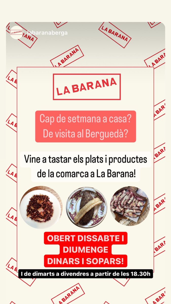 barana_la's tweet photo. S’acosta el cap de setmana! I a La Barana durant l’estiu fem un ‘no parar’ dissabte i diumenge obert de 12h del matí a tancar! Vine a La Plaça, vine a La Barana!
#bergueda #restaurant #comacasa #ptum #labarana #berga #proximitat https://t.co/e7IirL1Nng