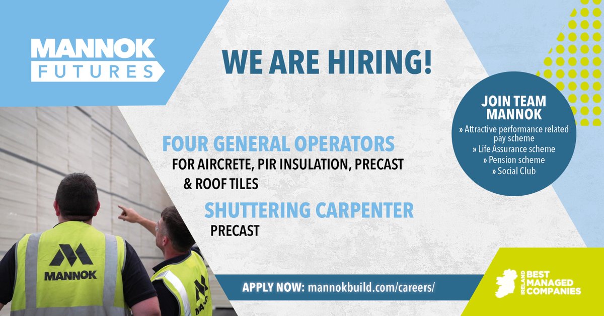 MannokBuild's tweet photo. We have several new production #vacancies across our different facilities! It's a great time to check out the #Careers section of our website and consider joining #TeamMannok!
https://t.co/M853jy8Q0M
#fermanaghjobs #cavanjobs #jobsearch #jobseekers https://t.co/ghr1Ft16e9