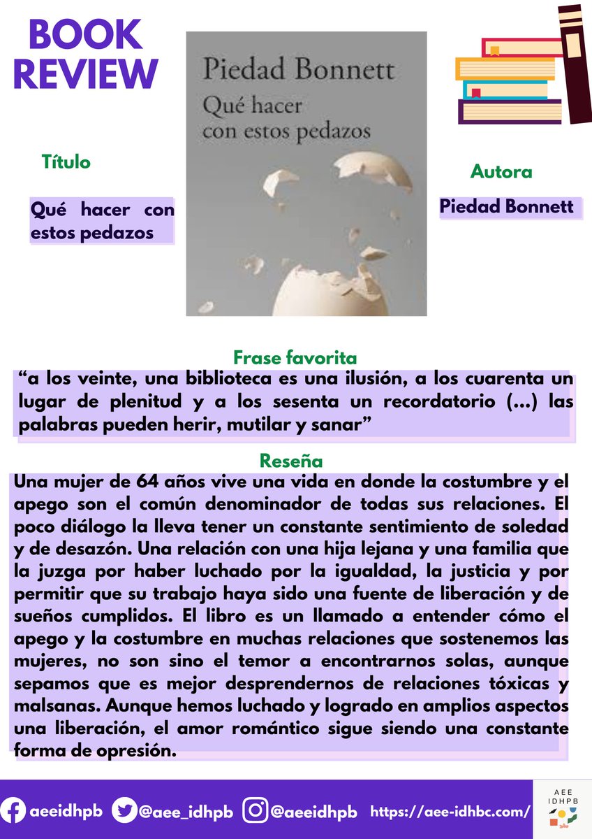 Esta semana Ángela @angelamariars nos recomienda el libro “Qué hacer con estos pedazos” de Piedad Bonnett.

Te invitamos a leerlo y compartirlo.

#FeminismoParaResistir
#FeminismoRevolucionario
#ComisionDeFeminismos
