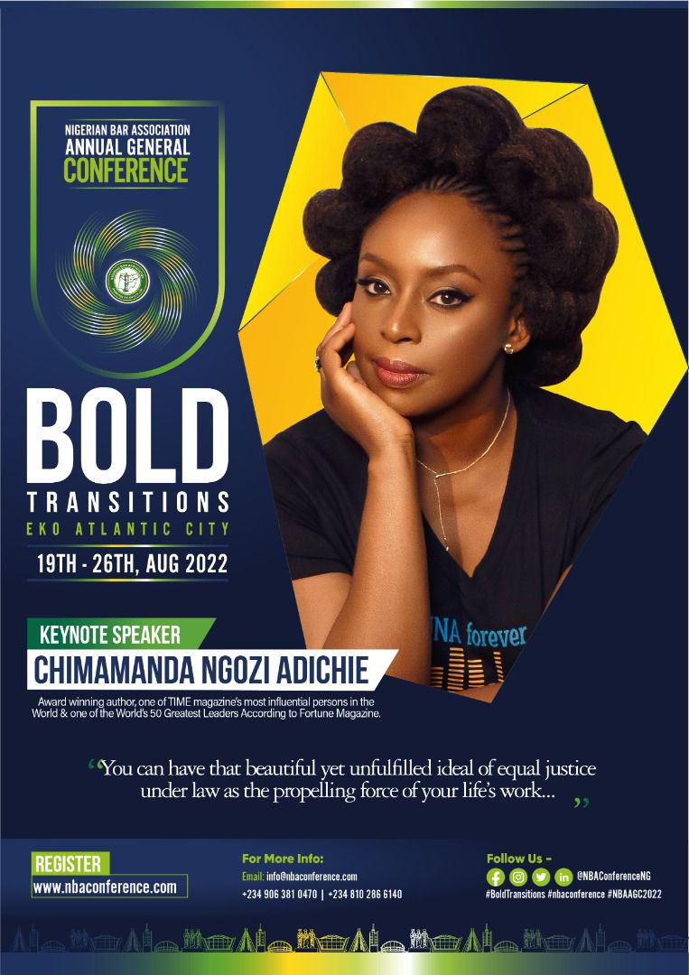 LegalNaija's tweet photo. The NBA has announced Chimamanda Ngozi Adichie as Keynote Speaker at its forthcoming Annual General Conference in Lagos.

Adichie, author of Purple Hibiscus, Half of a Yellow Sun, Americanah, &amp; several other works, will be speaking at the opening ceremony in August. https://t.co/U7KQy5Do2c