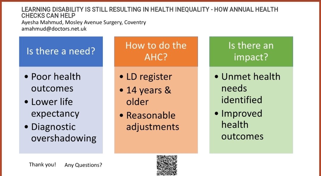 My presentation on
'Learning disability is still resulting in health inequalities - how Annual Health Checks can help'
 Key points:
▪︎Reasonable adjustments 
▪︎Staff training 
▪︎LD register
▪︎LD friendly GP surgery 
#LD
#AnnualHealthCheck
#WONCAMids