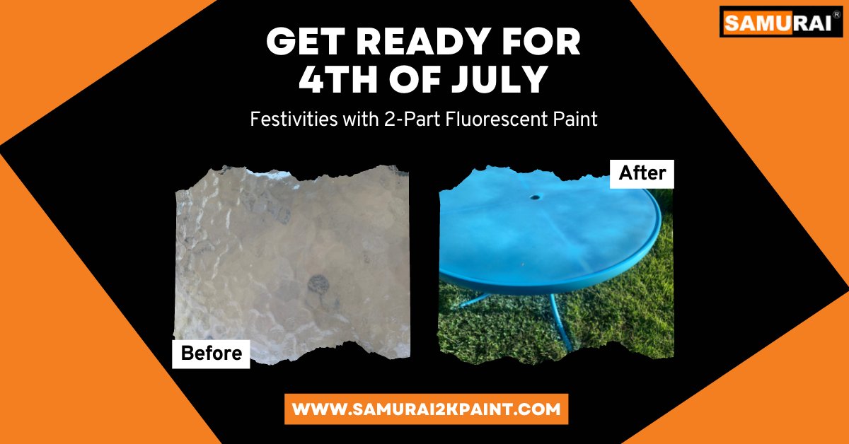 Samurai2KUSA's tweet photo. Get it ready for your July 4th backyard festivities with 2-part Fluorescent Paint. 🤩 make sure to use Samurai's white epoxy paint before you spray any Fluorescent color to give your pit the vibrant color it needs! ❤️

#July4th #IndependenceDay #samuraipaintUSA https://t.co/ipXrYgkAHx