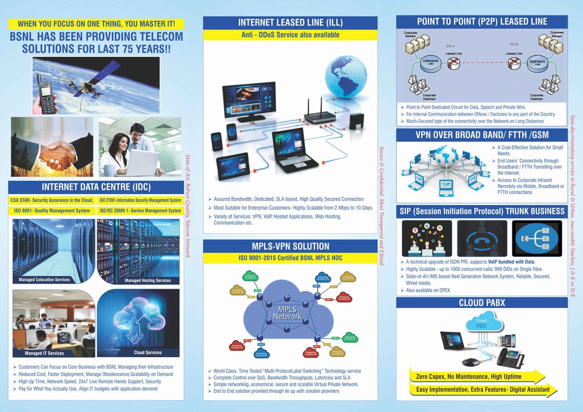 BSNL_Tamilnadu's tweet photo. Enterprise Business Brochure released by BSNL Tamilnadu Circle #MPLS_VPN #Internet_LeasedLine #ILL #P2P_Leasedline #SIPTrunk #BulkpushSMS #MNS #SDWAN. BSNL Tamilnadu Enterperise Business Unit welcomes the esteemed customers for all Telecom solutions ! https://t.co/G7KASRBSXM