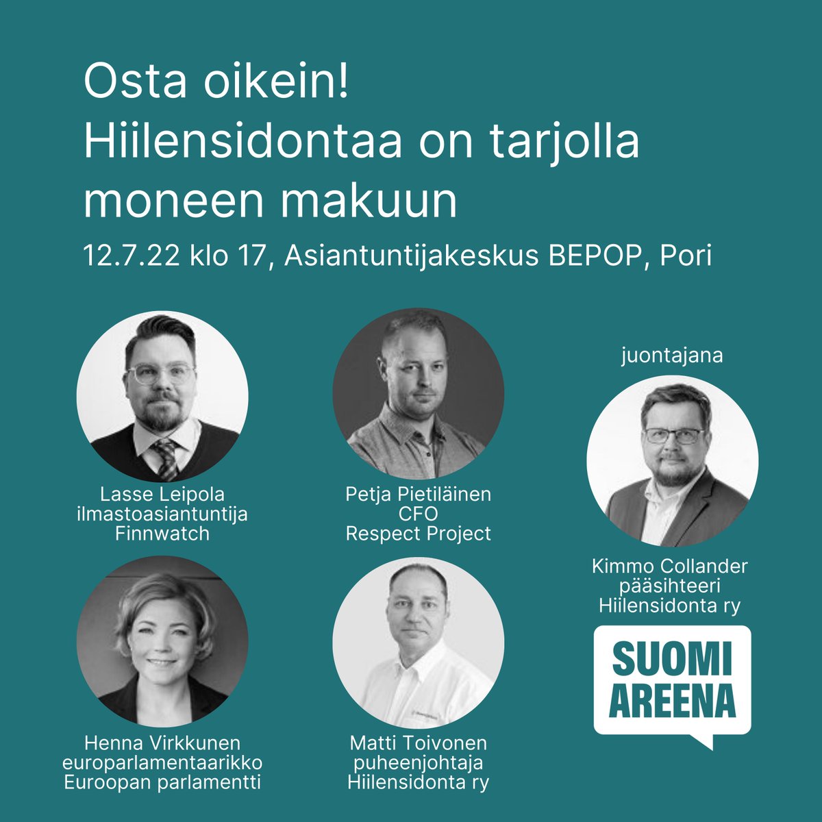 Olemme mukana <a href="/SuomiAreena/">SuomiAreena</a> Porissa! 

Miten välttää #kompensaation sudenkuopat? Siitä keskustellaan huippuporukalla Osta oikein! Hiilensidontaa on tarjolla moneen makuun - tilaisuudessa 12.7. Tervetuloa, vapaa pääsy!
#hiilensidonta #ilmastonmuutos #päästökompensaatio #suomiareena