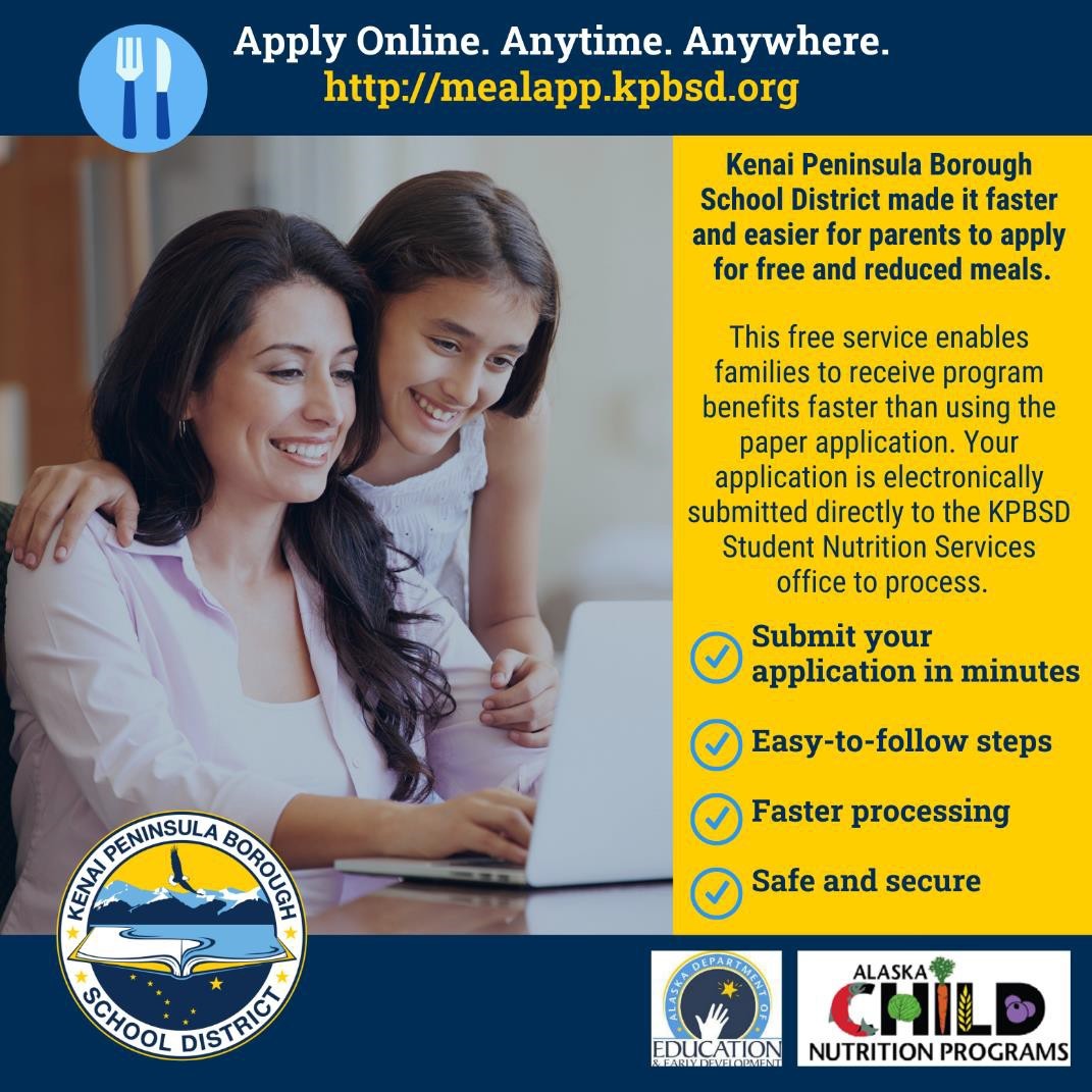 Apply for free or reduced meals online starting July 1, 2022. In August when school starts, meals will no longer be free for all students--the USDA discontinued universal free meals for students. Details and link to streamlined application process: communications.blogs.kpbsd.k12.ak.us/2022/07/01/app…