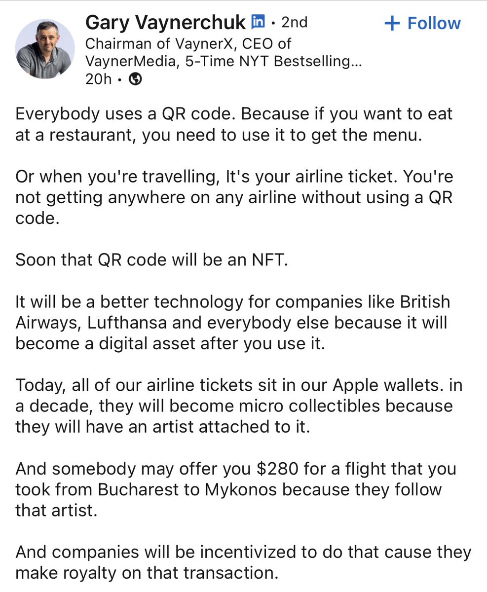 jrhennessy's tweet photo. every day gary vee puts in the work on LinkedIn making NFTs sound even more confusing and useless than the average person thinks they are https://t.co/sSkh1yqg0v