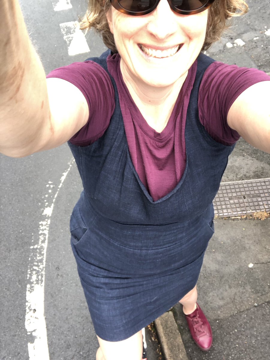 opsologist's tweet photo. @carlafrancome My attempt at #CycleSnapReady:
Decades old Channel sunnies (are they vintage yet?)
Matching (well nearly) plum shoes and T-shirt
Blues dress because I can on the Brompton
Topped off with the big cheesy grin
But if it rains it will all be hidden under my poncho!
#cyclehappy all https://t.co/GyBOLxpo8F