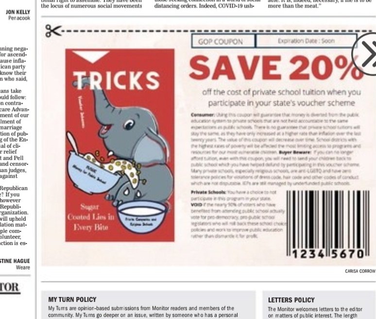 My best editorial yet. Inspired by a few tweets by other #publiceducation advocates, <a href="/JennBinis/">Jennifer Binis</a> <a href="/prsmith2009/">Paul Smith</a>, my coupon was published in the local paper. I'm still chuckling at this analogy. @HumResPro <a href="/NextGenLC/">Next Generation Learning Challenges</a> <a href="/LaurieGagnon98/">Laurie Gagnon</a> @ShawnaCoppola <a href="/NEAToday/">NEA</a> @nhsaa_2 <a href="/NH_Progressive/">NHProgressiveSummit</a>