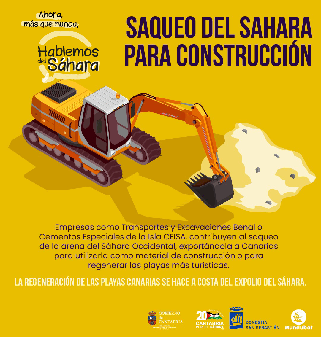 💬 #HablemosDelSáhara, ahora, ¡más que nunca! ✌️ ¿Sabíais que muchas empresas del estado español están implicadas en la ocupación ilegal del Sáhara Occidental? 🔎 Entre ellas, se encuentran las que saquean el Sáhara para construir, ¿suena un poco paradójico verdad? 🏗🏖🇪🇭