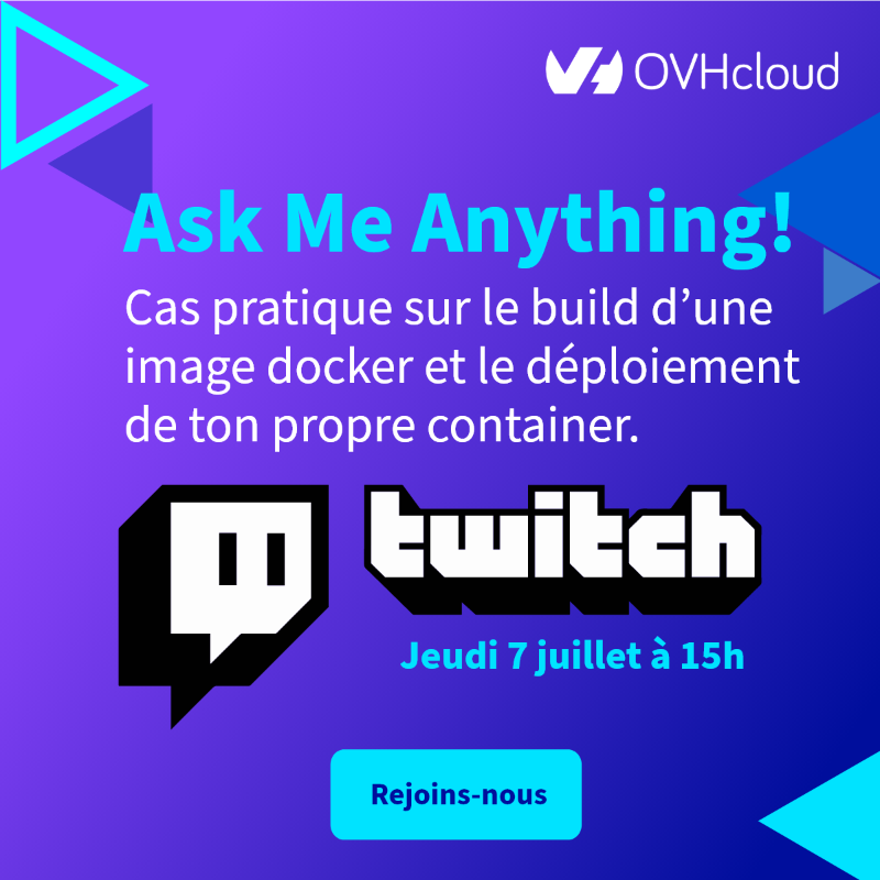 OVHcloud_FR's tweet photo. 🔴 Dernier live #Twitch de notre série dédiée à l’#IA.  

RDV jeudi 7 juillet à 15h pour un cas pratique sur le build d’une image #docker et le déploiement de votre propre container. 🐋🟦