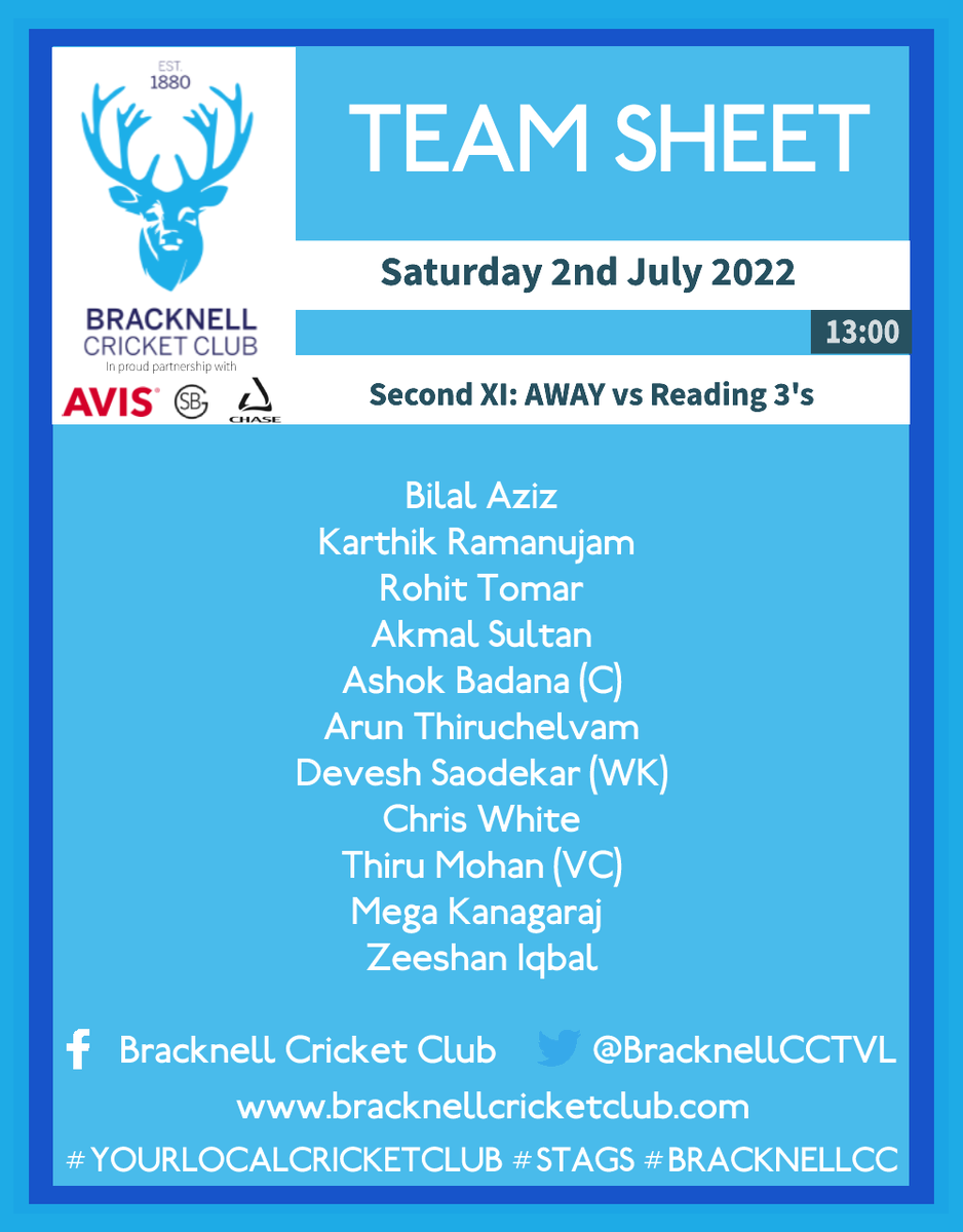 TVCL - Match week 9

Bracknell First 1's vs Purley-on-Thames 2's
Bracknell Second 2's vs Reading 3's

Follow live coverage for all HOME games in our youtube channel 

YouTube - youtube.com/channel/UC9uGJ…

#Yourlocalcricketclub #stags #bracknellcc #frogbox