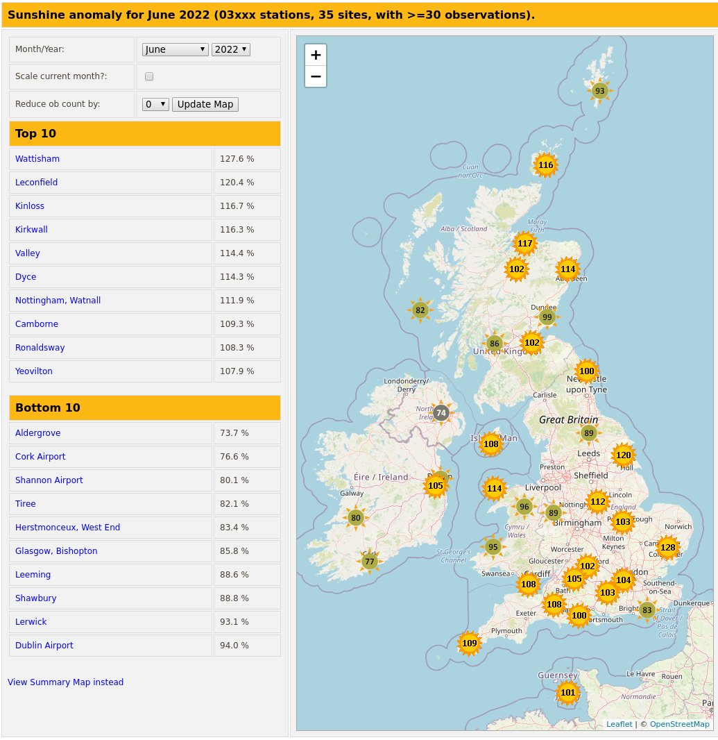 RoostWeather's tweet photo. #June2022 #sunshine totals and anomalies, calculated for 03xxx sites from SYNOP reports.

#Wattisham was the sunniest location with a total of 266.1 hours of sun.

https://t.co/nVhAougOnr https://t.co/Z3Xs5vHLVv