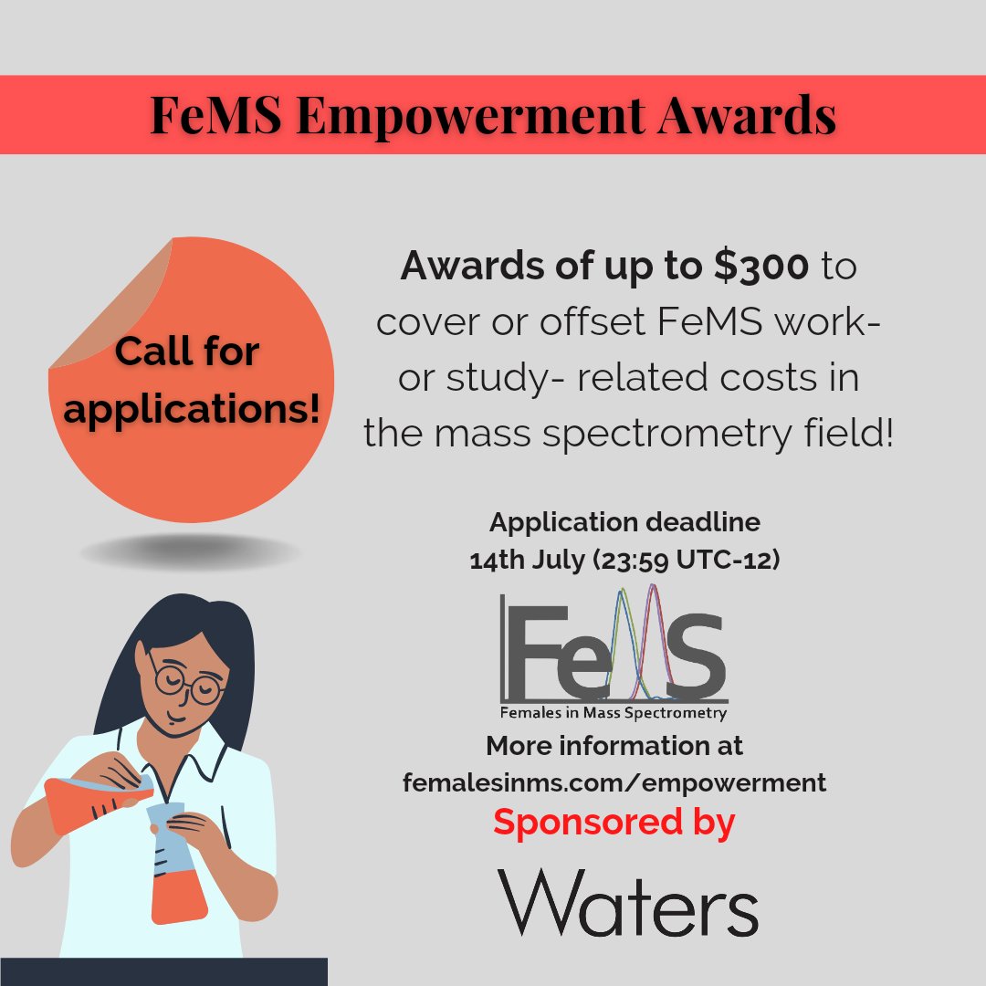 Females in Mass Spectrometry (FeMS) (@femalesinms) on Twitter photo We are now accepting applications for the Q3 FeMS Empowerment Awards sponsored by <a href="/WatersCorp/">Waters Corporation</a>! Submit yours by July 14th for a chance to receive up to $300 towards your job- or study-related costs. Please RT and share! Find out more and apply at: femalesinms.com/empowerment/ We are now accepting applications for the Q3 FeMS Empowerment Awards sponsored by <a href="/WatersCorp/">Waters Corporation</a>! Submit yours by July 14th for a chance to receive up to $300 towards your job- or study-related costs. Please RT and share! Find out more and apply at: femalesinms.com/empowerment/