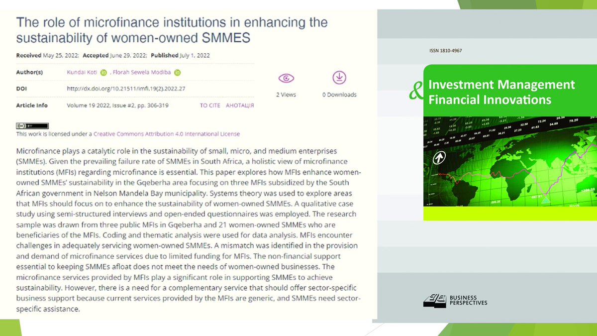 🔗 lnkd.in/e7y7D9C9
📘 The role of microfinance institutions in enhancing the sustainability of women-owned SMMES
👥 Kundai Koti , Florah Sewela Modiba
#microfinance, #microfinanceinstitutions, #sustainability, #systemstheory, #womenownedSMMEs