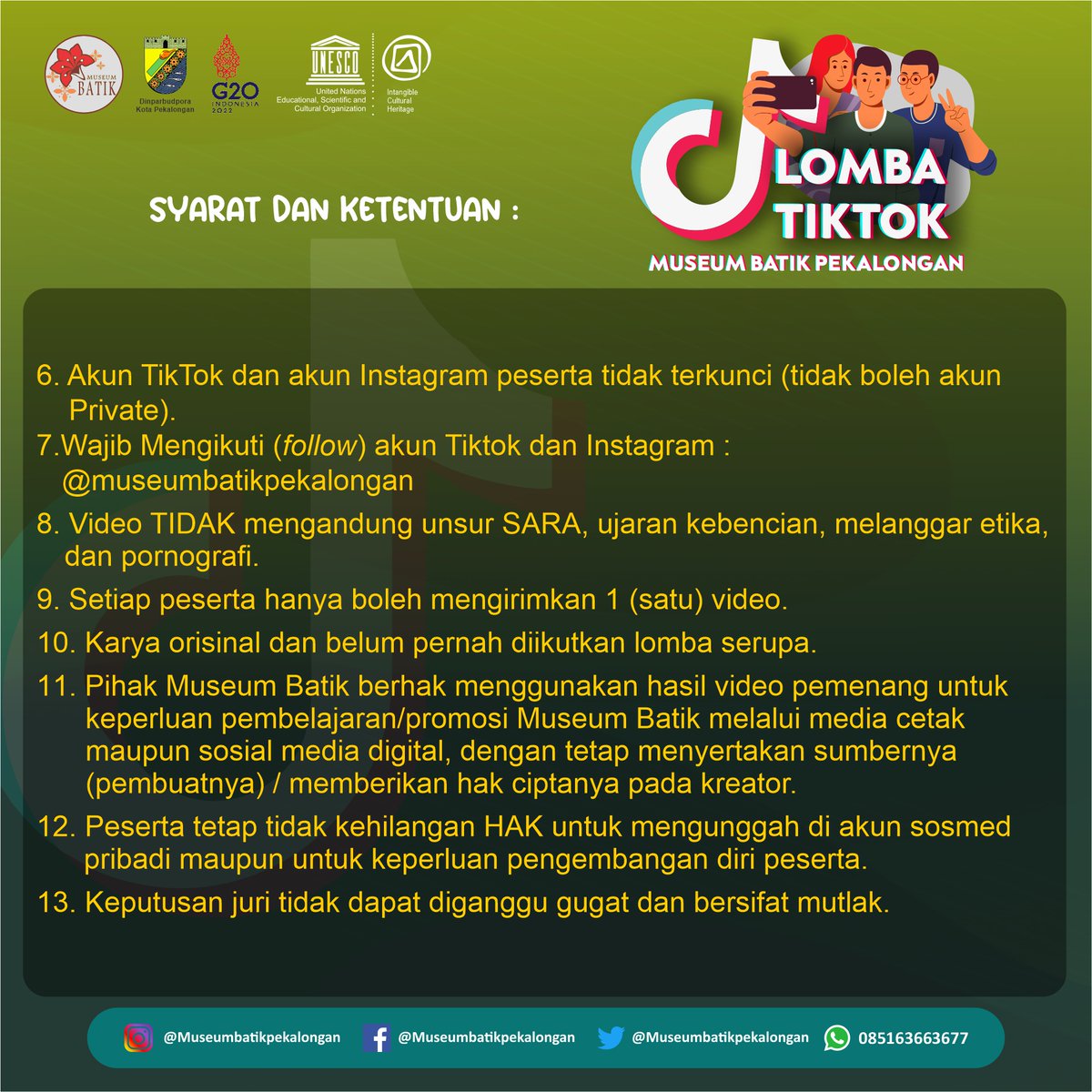 MuseumBatik's tweet photo. Halo Sobat Musbat.
kali ini Museum Batik sedang mengadakan lomba tiktok nih buat sobat" yang suka bermain tiktok.

caranya sangat mudah sekali kalian hanya perlu mengikuti syarat dan ketentuannya saja dan membuat karya video tiktok terbaik kalian. https://t.co/1rp2Fze0AH