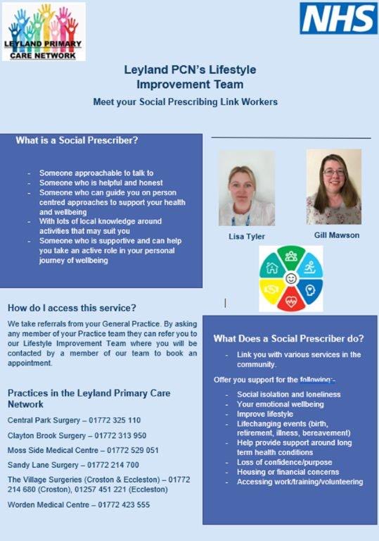 leyland_pcn's tweet photo. Meet our Social Prescribing Link Workers - Gill and Lisa. 
Poster below describes the service provided via our Lifestyle Improvement Team. Speak to your practice team to be referred. https://t.co/wew6dAlOco