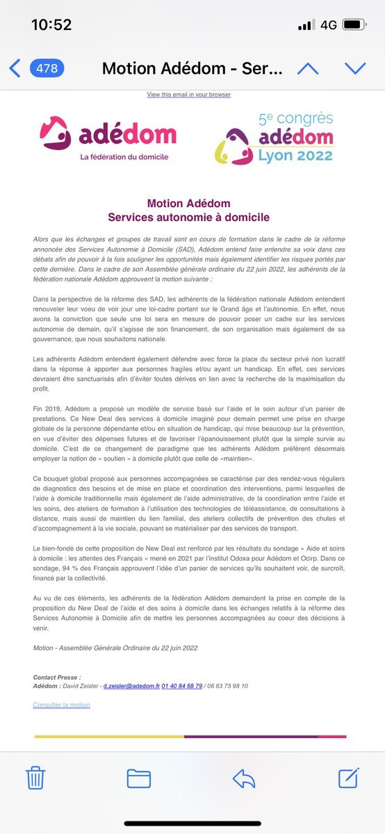 FedeAdedom's tweet photo. Lors de son Assemblée générale du 22 juin à Lyon d’adedom les adhérents ont voté cette Motion sur les services à domicile et le virage domiciliaire qui permette aux bénéficiaires une réponse qualitative à leurs attentes en référence au New Deal d’adedom ⁦⁦@damienabad⁩ https://t.co/Qd5L8b6vJq