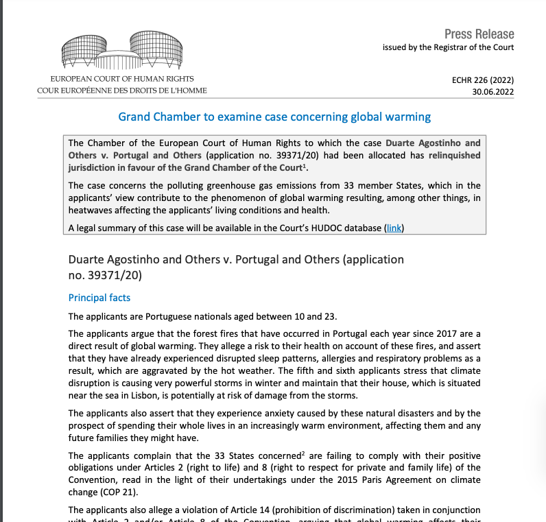 michaelakroemer's tweet photo. Auch die Klimaklage der portugiesischen Kinder gegen 33 Staaten, seit Herbst 2020 anhängig, wird nunmehr von der grossen Kammer des Europäischen Gerichtshofes entschieden werden. Das bedeutet, dass der EGMR Klimafragen als Grundsatzfragen anerkannt hat https://t.co/4EQxjZ7vRI