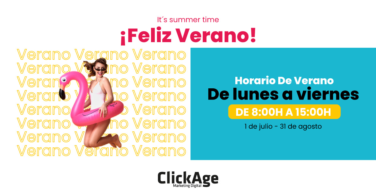 ClickAgeES's tweet image. ☀️ Verano, we say YESS!☀️ 

Parece que el tiempo nos acompaña para ¡Estrenar horario de verano!🙌
El equipo #ClickAge actualiza su horario en los meses de julio y agosto.

⏰ L-V de 8:00h a 15:00h
📧 hola@clickage.es

#agencia #marketingdigital #horariodeverano #summertime