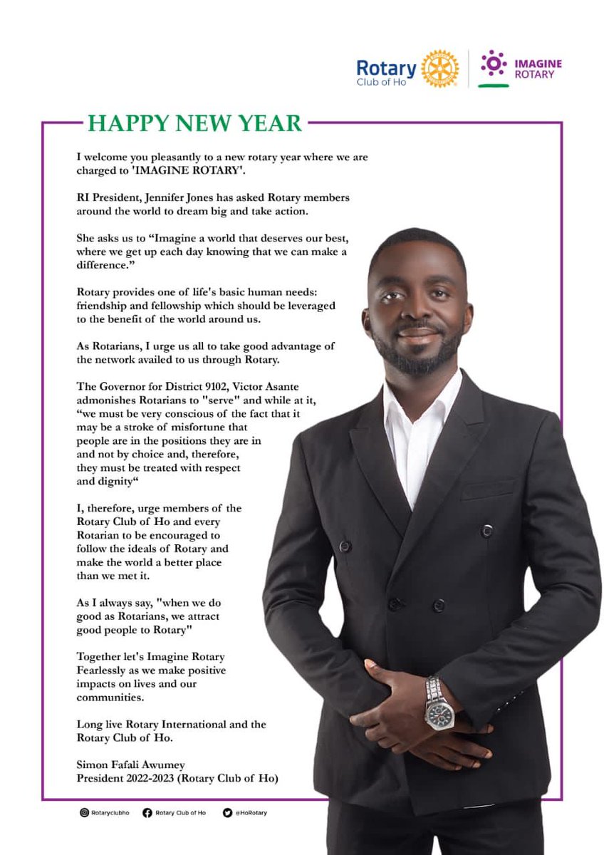 We present to you Rtn. Simon Fafali Awumey,  the President of Rotary Club of Ho for the 2022/2023 Rotary year. Happy New Rotary Year. Let's Imagine Rotary together as we impact lives and communities. Congratulations to you Rtn. President.
 #ImagineRotary 
#imaginerotaryclubofho