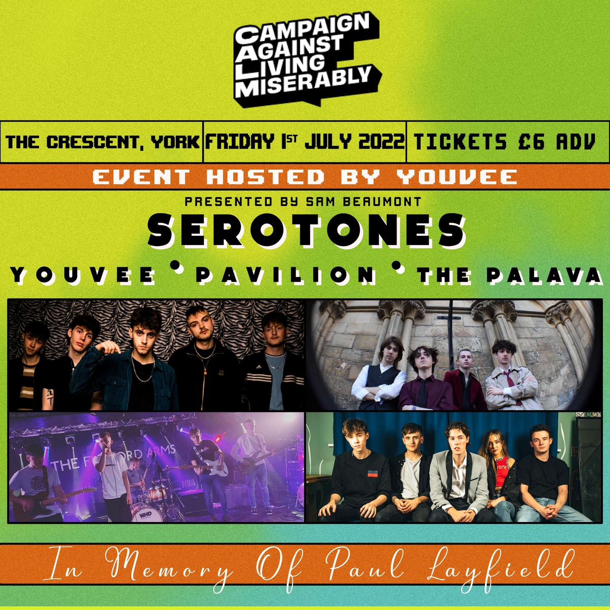 TONIGHT! A great gig for a great cause!
<a href="/theCALMzone/">CALM</a> fundraiser feat. four of York's best indie rock bands. Put together by <a href="/youveeband/">YouVee</a> and with <a href="/SerotonesUK/">Serotones</a> <a href="/Pavilion_Band/">Pavilion</a> &amp; <a href="/the_palava/">The_Palava</a>
Tickets are £6 until 18:00, £8 on the door and they're flying out &gt;&gt; thecrescentyork.com/events/
