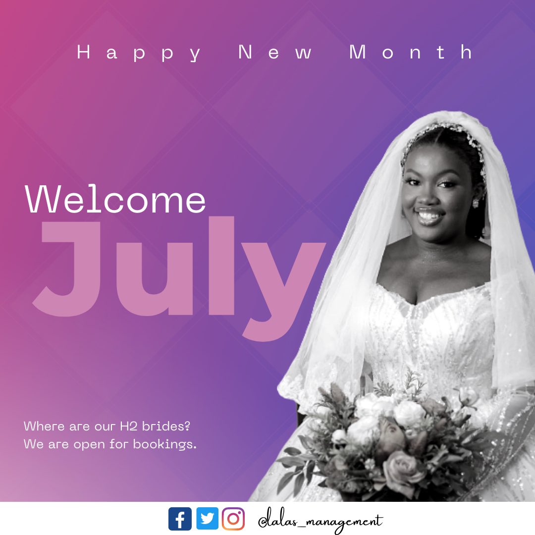 Happy new month and welcome to the second half of the year. 

Lala’s management is still accepting bookings for our second half brides. 

Send us a Dm today.

#eventplannerinlagos #eventsinlagos #lagosevents #lalasmanagement 
#lalasevents #happynewmonth
