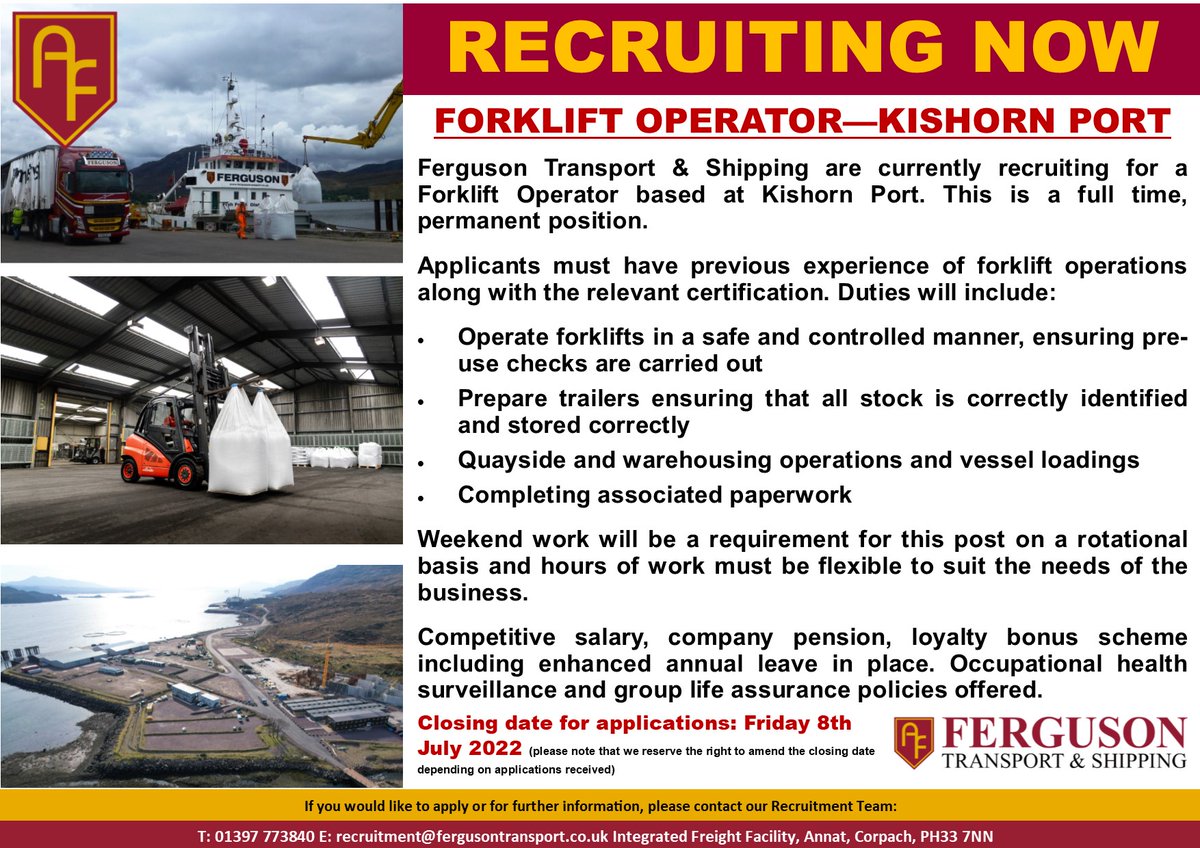 🚛 𝗝𝗼𝗶𝗻 𝗼𝘂𝗿 𝗧𝗲𝗮𝗺 🚛

We are currently recruiting for a Forklift Operator to join our team. 

Please contact Recruitment: 01397 773840 or email recruitment@fergusontransport.co.uk for more info.

#fergusontransport #hiring #vacancies #recruitmentjobs #Careers