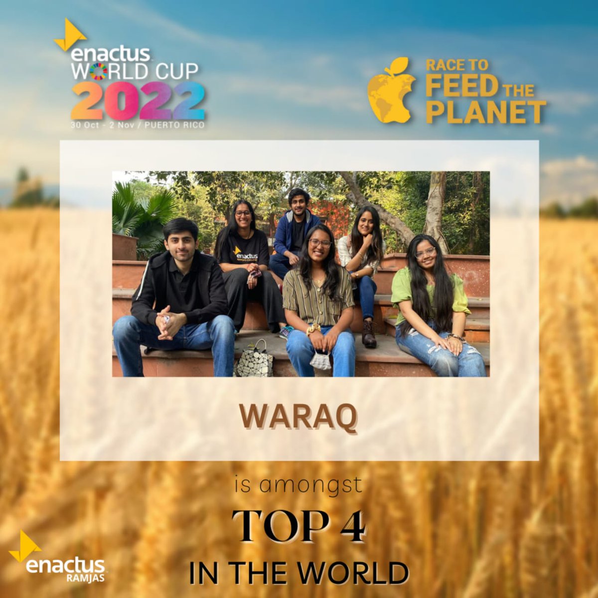 #Proudmoment <a href="/EnactusRamjas/">Enactus Ramjas</a> project #Waraq qualified as one of the TOP FOUR FINALISTS in Race to #FeedThePlanet Will be representing India at the #EnactusWorldCup this October at Puerto Rico, USA! <a href="/enactus/">Enactus</a> #EnactusIndia <a href="/UnivofDelhi/">University of Delhi</a> #EnactustoFeedthePlanet
