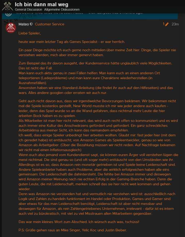 Investigativ wie immer! Diesmal im #newworld Forum.
#Amazon scheint auch im #Games Bereich ein guter Arbeitgeber zu sein.