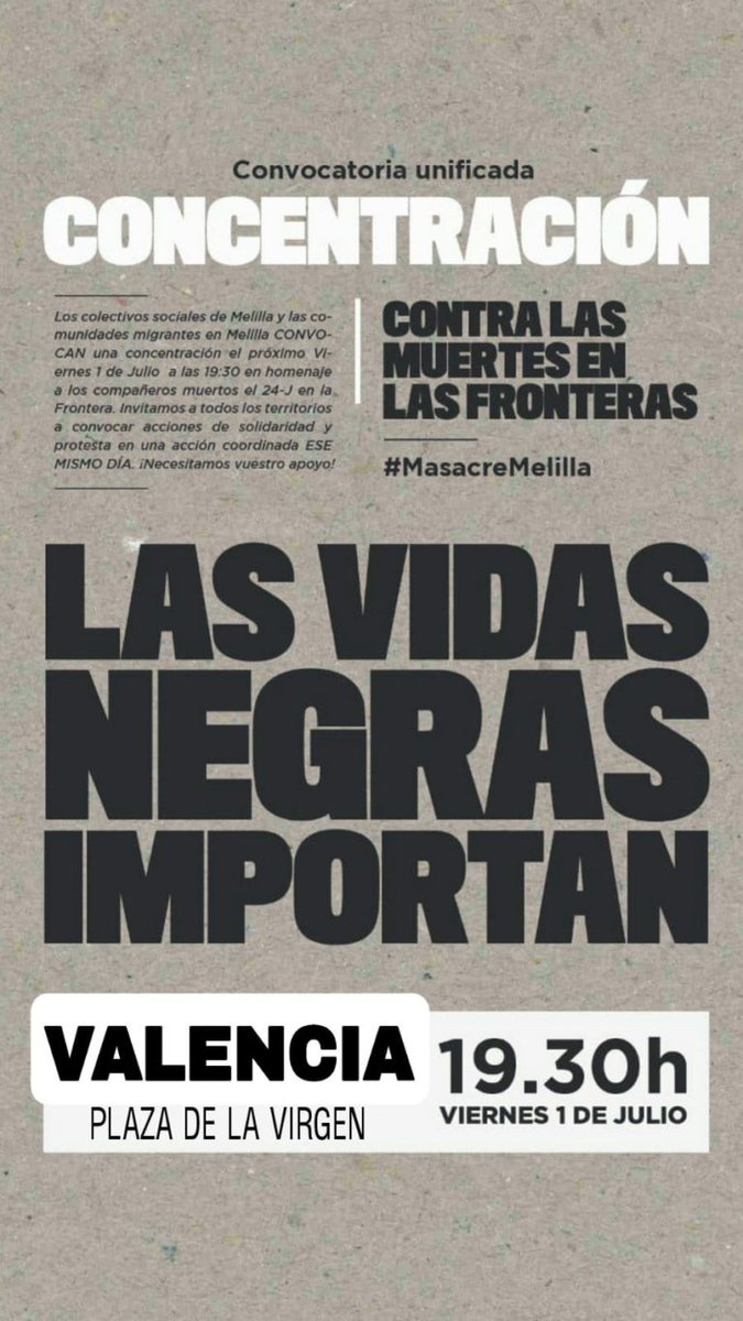#MasacreMelilla Entidades sociales y de la sociedad civil convocan a una manifestación ante la masacre cometida en la valla de la ciudad de Melilla a manos de los gobiernos de Marruecos y España. Viernes 01 de julio 19:30h. Plaza de la Virgen, Valencia