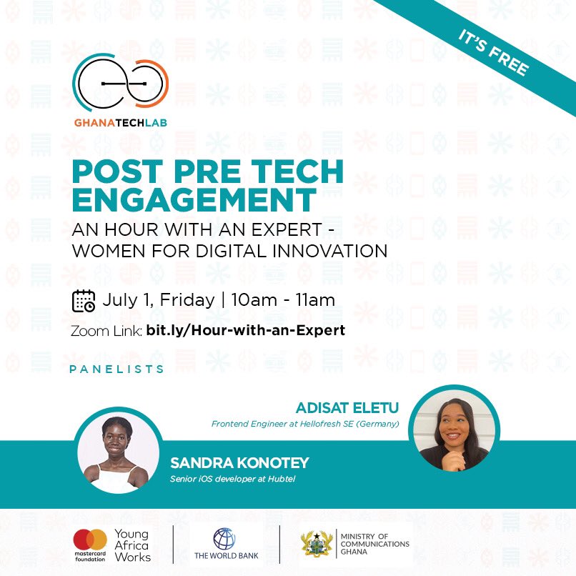 GhanaTechLab's tweet photo. Join “Hour with Tech Experts” - Women In Digital Innovation and learn.

Date: 1st July, 2022
Time: 10:00am - 11:00am

Join Zoom Meeting
https://t.co/6RLmVWoX7v

Meeting ID: 890 0822 3845
Passcode: 423792 https://t.co/KHOXZxWs1F