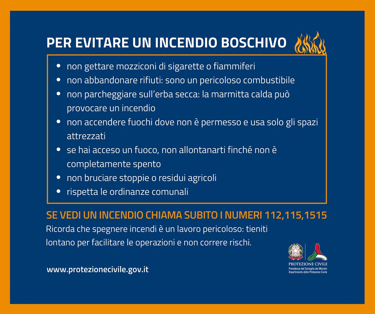 #2luglio
🌡️☀️🔥 Le alte temperature e la #siccità che stanno interessando l'Italia favoriscono l'innesco e il propagarsi di #incendi boschivi.
Per prevenirli puoi fare qualcosa anche tu, ecco sette consigli utili 👇