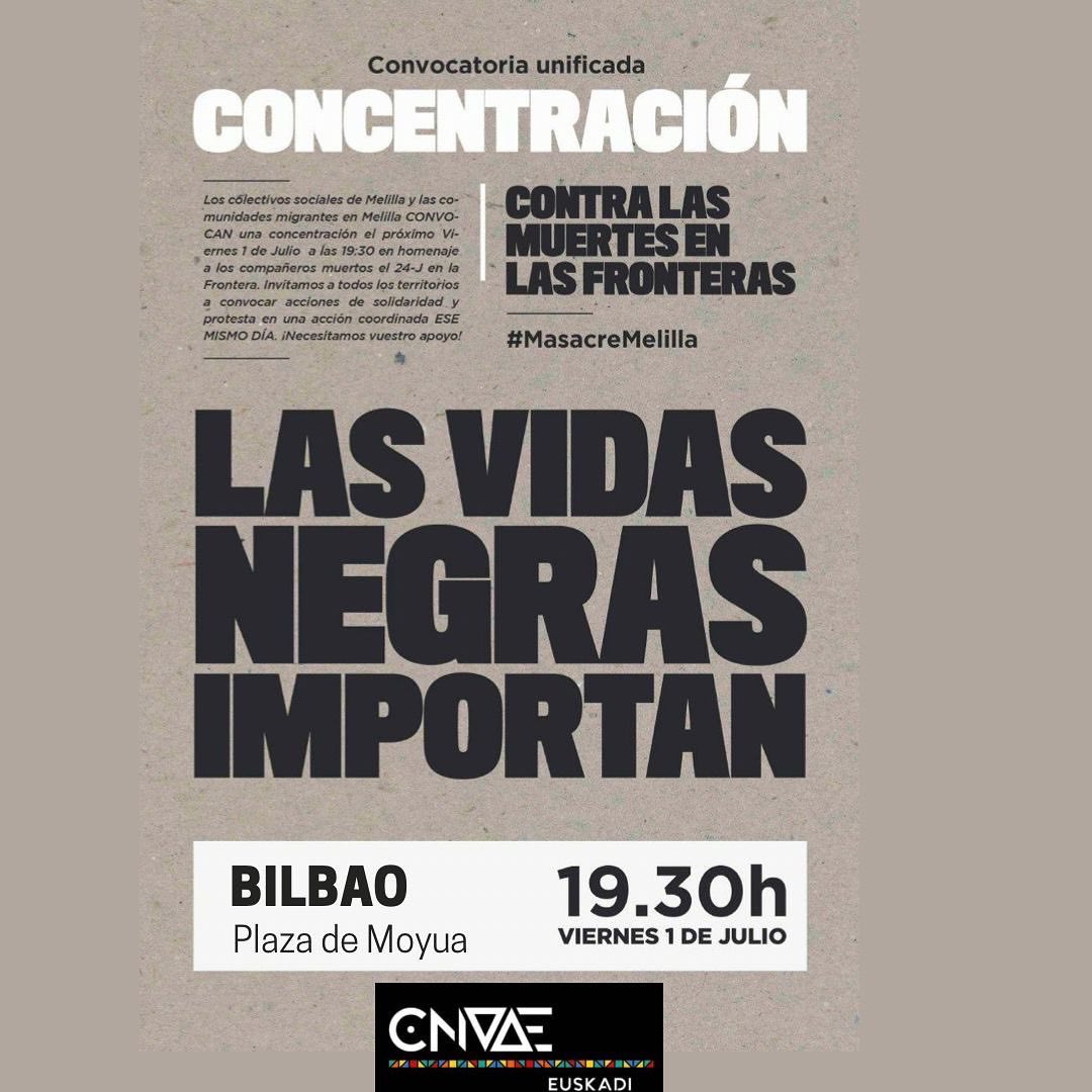 CnaaeEus's tweet photo. Nos vemos hoy en las concentraciones contra la #masacreenmelilla! Aqui teneis algunas convocatorias en Euskadi @cnaae_eus. Ven con ropa negra si puedes.  
#melilla #manifestacionmelilla #bilbao https://t.co/7dVdsoAsfw