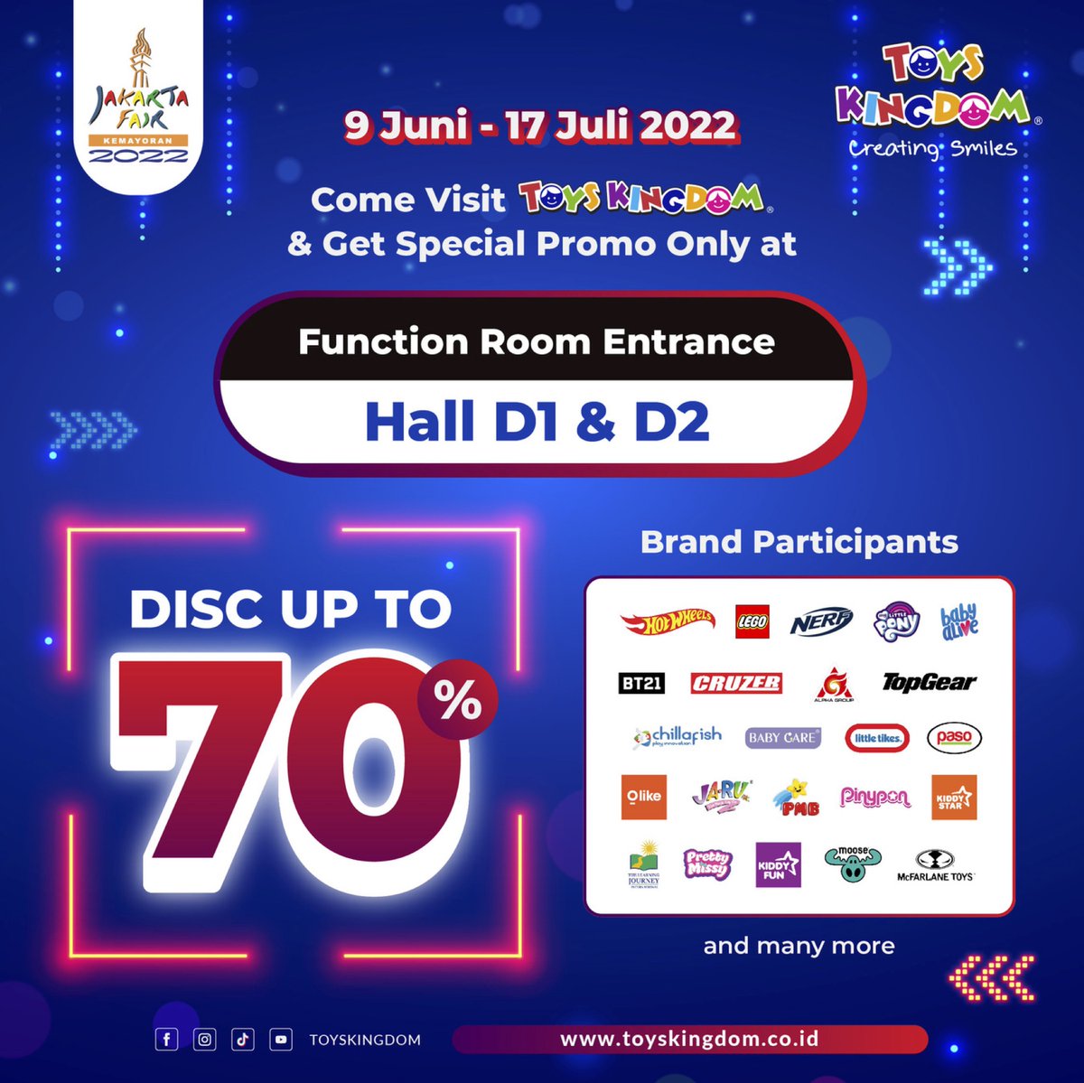 Toys Kingdom turut memeriahkan acara di Jakarta Fair Kemayoran nih, Smileys. Yuk, ajak si Kecil untuk seru-seruan di Toys Kingdom Kids Area, GRATIS! Berbagai mainan favorit si Kecil juga bisa Smileys dapatkan dengan potongan harga hingga 70%.
#toyskingdom #creatingsmiles #JFK2022